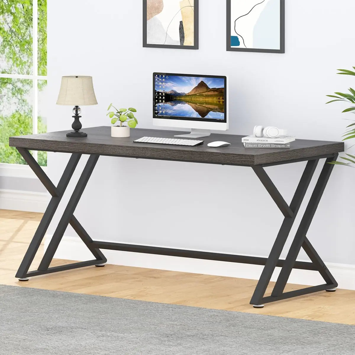 LVB Modern Computer Desk Industrial Home Office Desk with Storage Metal Wood Writing Study Computer Table for Bedroom Farmhouse Executive Simple Gaming Work Desk for Student Dark Gray Oak 60 Inch