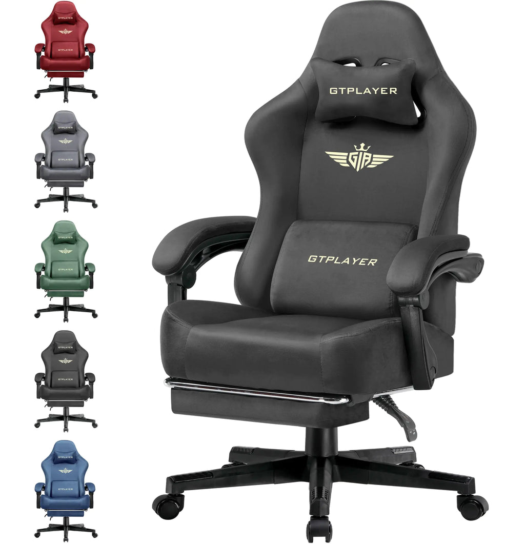 GTPLAYER Gaming Chair Fabric with Pocket Spring Cushion Big and Tall Gaming Chair 350LBS High Back Computer Chair with Footrest for Adults Lumbar Support Swivel Game Chair for Office Light Black